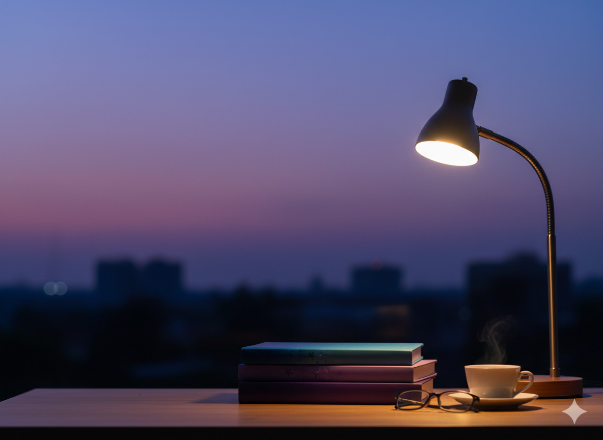 Purple blue dusk gradient suggesting stacked notebooks beside a reading lamp