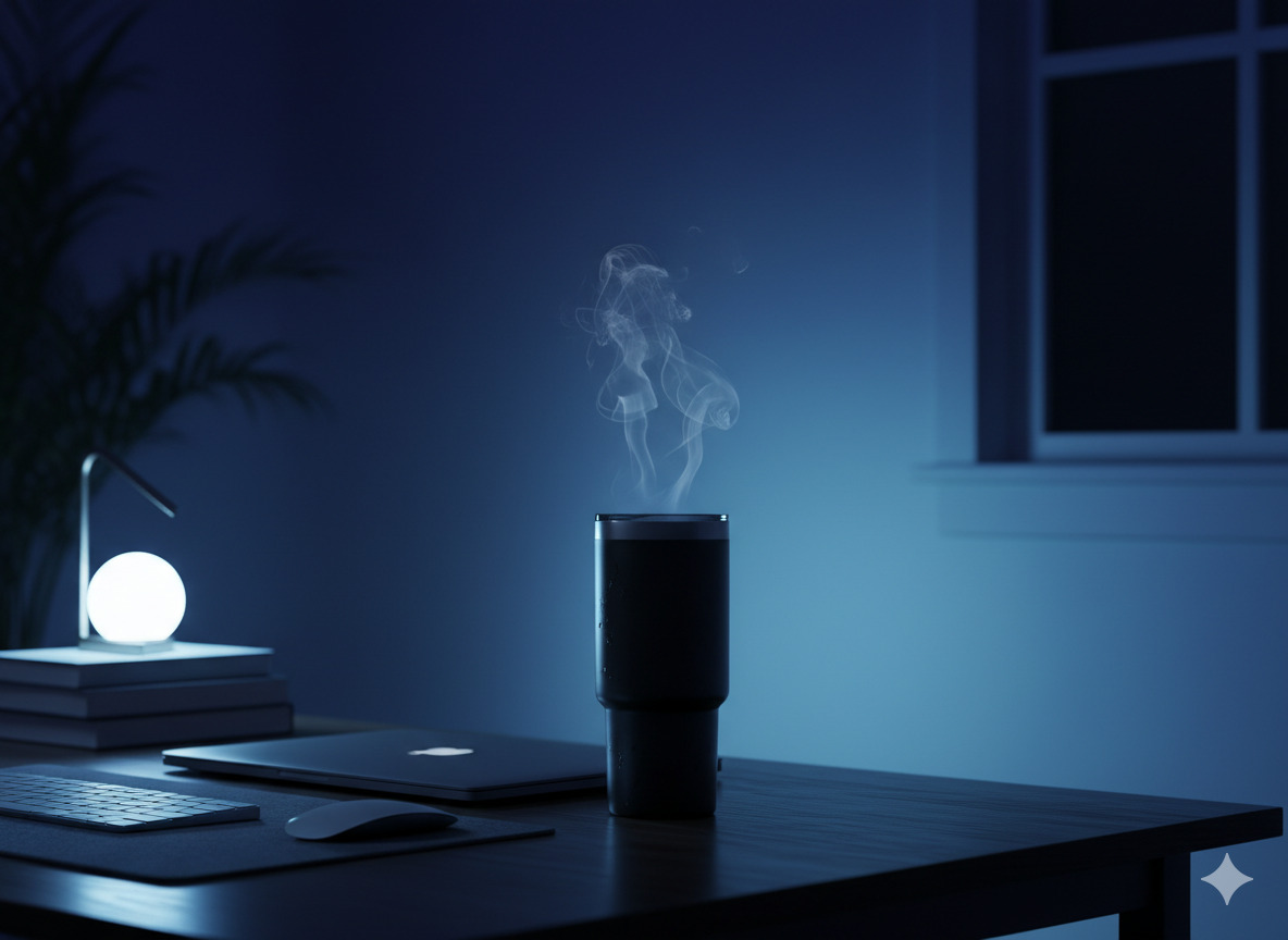 Night blue gradient suggesting a quiet desk with a cooled cup nearby